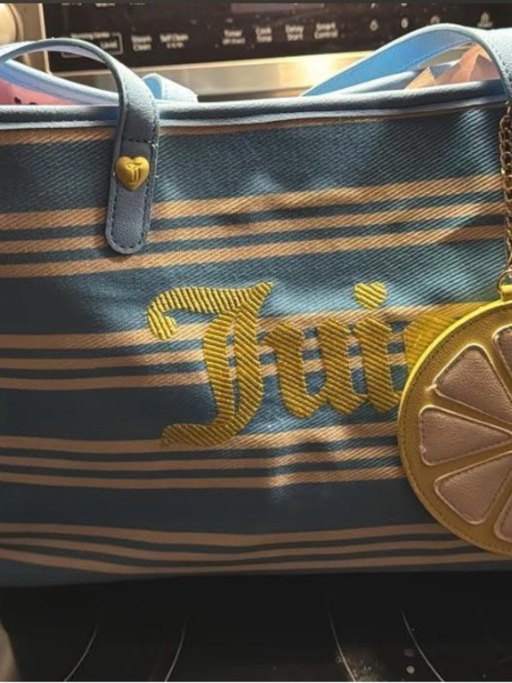 Juicy Couture Blue and Cream Striped Tote with Lemon Charm